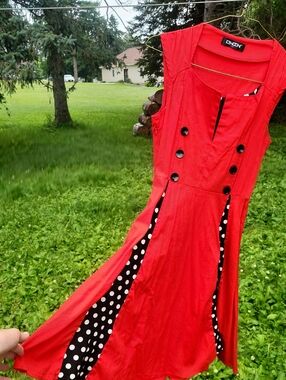 NWOT Onyx Red Sleeveless Fit-and-Flare Dress with Polka Dot Insets